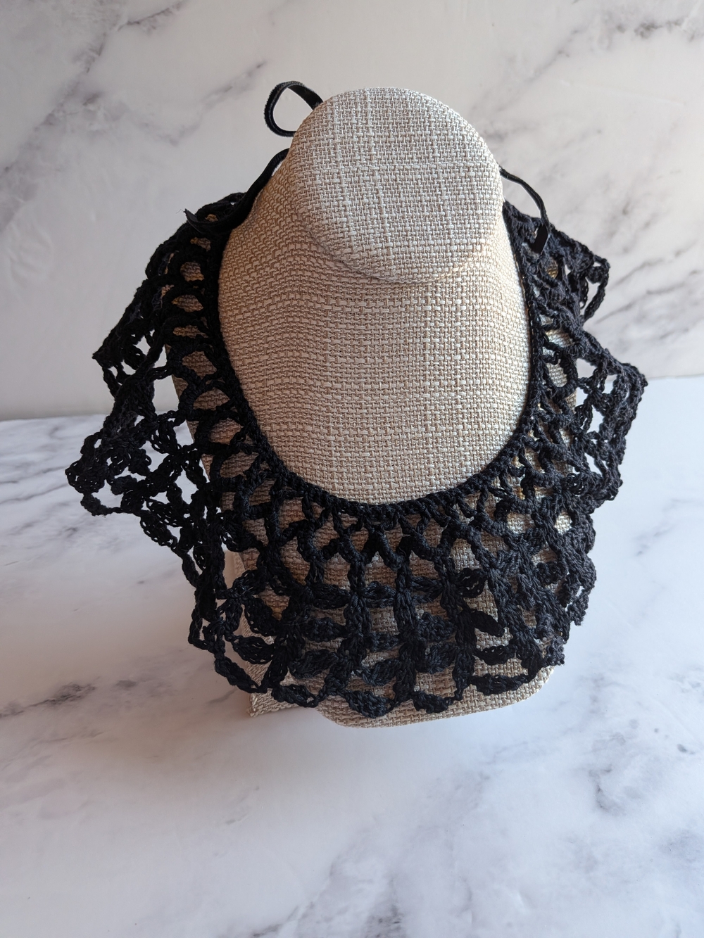 Black Crochet Lace Peter Pan Collar Tie Neck Handmade Gothic Cottagecore
